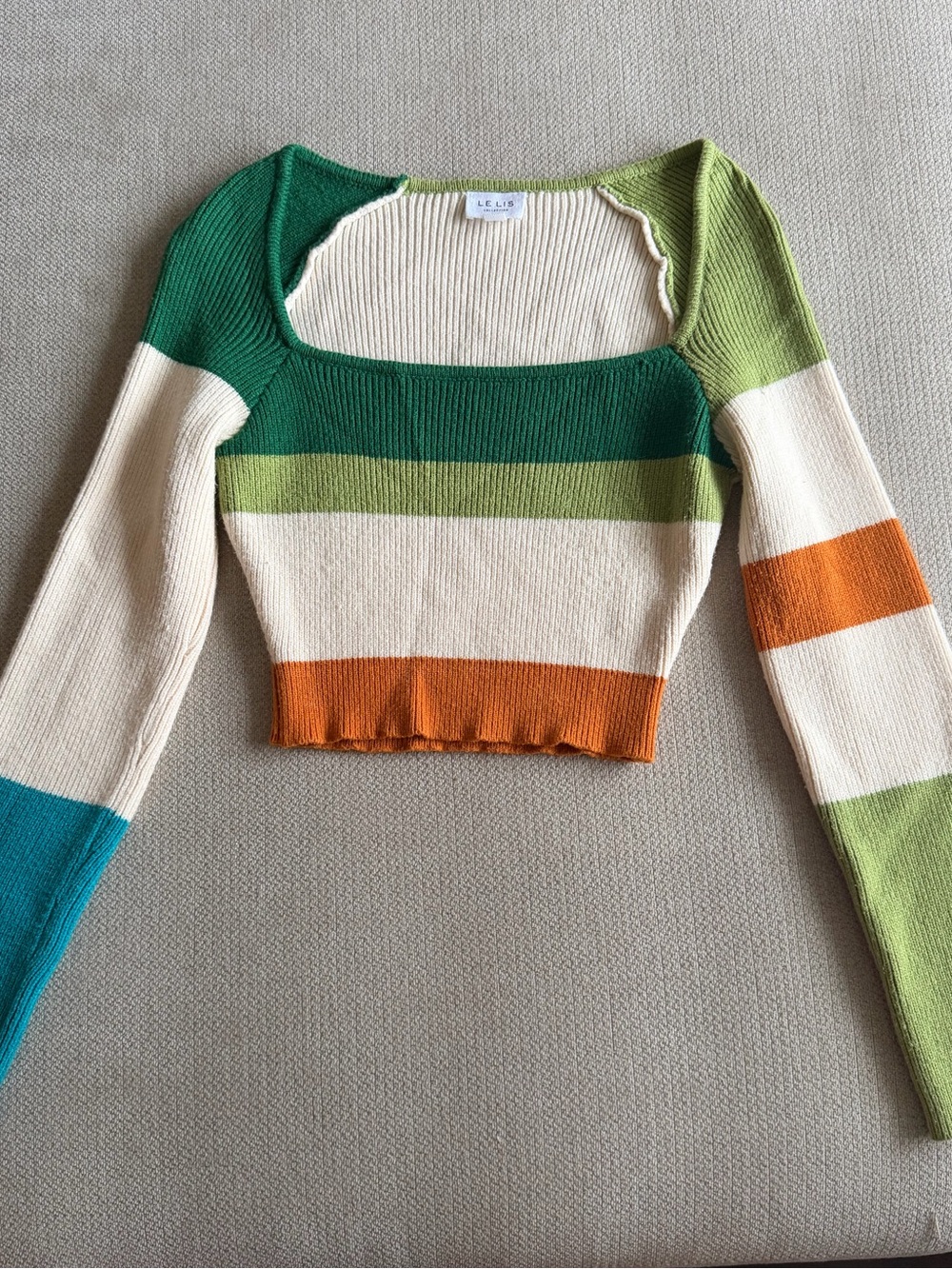 Le Lis Striped Square-Neck Cropped Top in Green/Cream/Orange/Teal